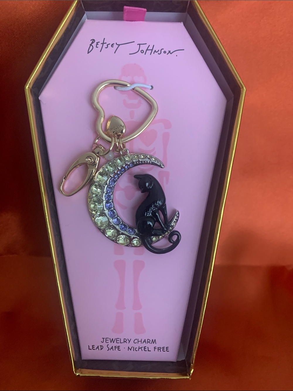Betsey Johnson Black Cat Moon Keychain Charm with Rhinestones - Pink Box